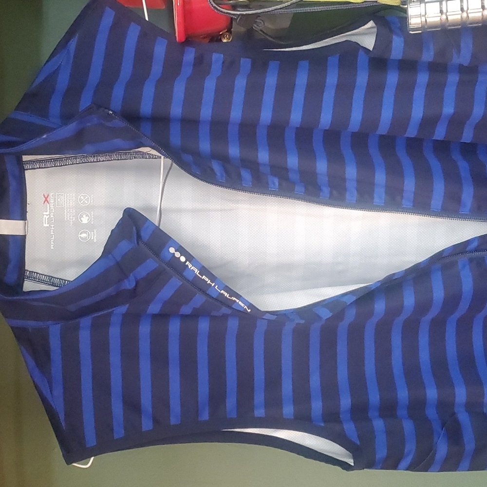 Ralph Lauren RLX Blue / Black Striped Stretch Tech Full Zip Vest Sz Med